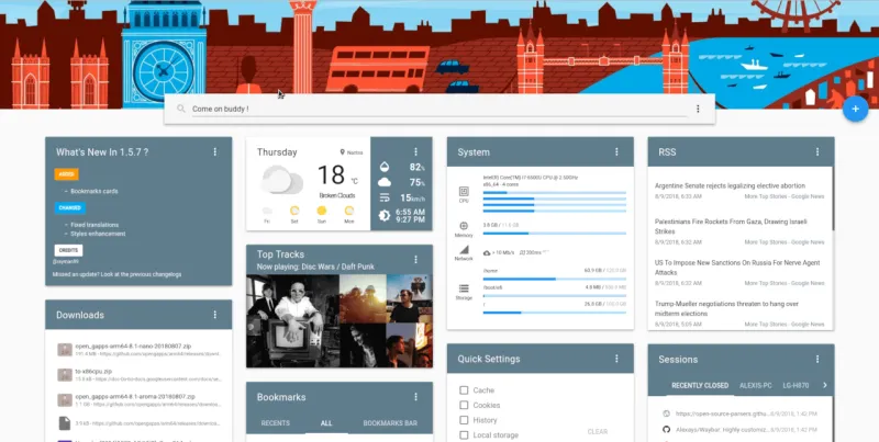 Epiboard new tab page with weather, system and RSS cards