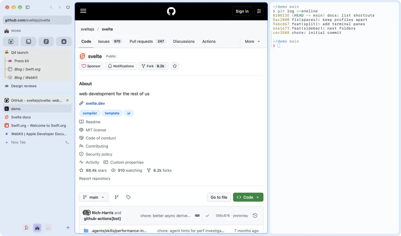 Lilo with its sidebar of Spaces, a GitHub page and a terminal split beside it